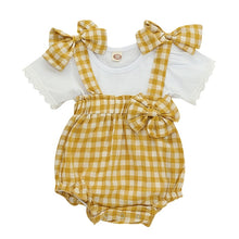 Load image into Gallery viewer, NewPlaid Cotton 0-24M Cute Summer Baby Girl Casual Short Sleeve Tops T-shirt Plaid Print Strap Shorts With Bowknot Outfits Set