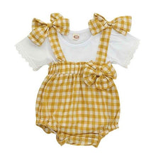 Load image into Gallery viewer, NewPlaid Cotton 0-24M Cute Summer Baby Girl Casual Short Sleeve Tops T-shirt Plaid Print Strap Shorts With Bowknot Outfits Set