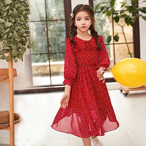 2019 Autumn Kids Princess Girls Dot Print Chiffon Dress Long Sleeve Dresses Teenage Girl Vestidos Children Clothing S128