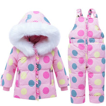 Load image into Gallery viewer, Kids Baby Snowsuit Polka Dot Thick Warm Toddler Girls Skiing Suits 2pcs Hooded Down Jacket+Jumpsuit Children Winter Coat Z639