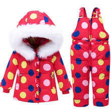Load image into Gallery viewer, Kids Baby Snowsuit Polka Dot Thick Warm Toddler Girls Skiing Suits 2pcs Hooded Down Jacket+Jumpsuit Children Winter Coat Z639